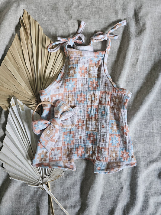 Pastel floral check romper