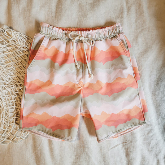 Boho mountain sunset surf shorts